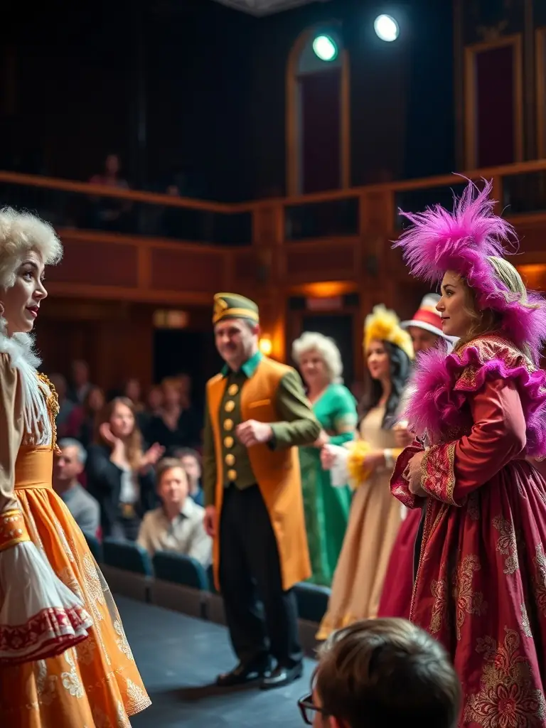 A vibrant photograph capturing a live theater performance organized by ASSOC LES SOUFFLEURS DE REVES, showcasing actors in colorful costumes on stage, with an engaged audience in the background.