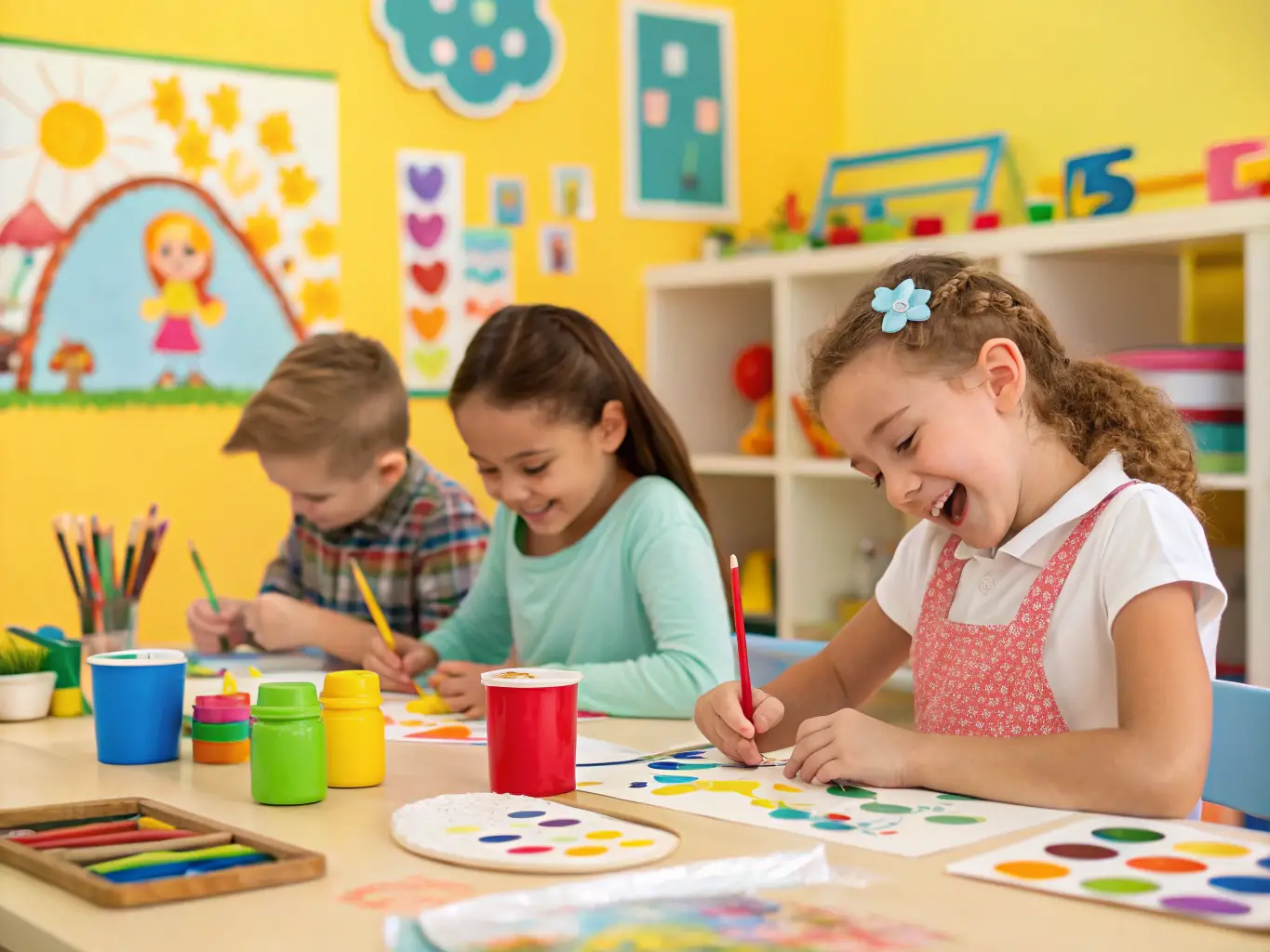 A photograph capturing a children's art workshop in progress, facilitated by ASSOC LES SOUFFLEURS DE REVES, with kids actively participating and creating artwork.
