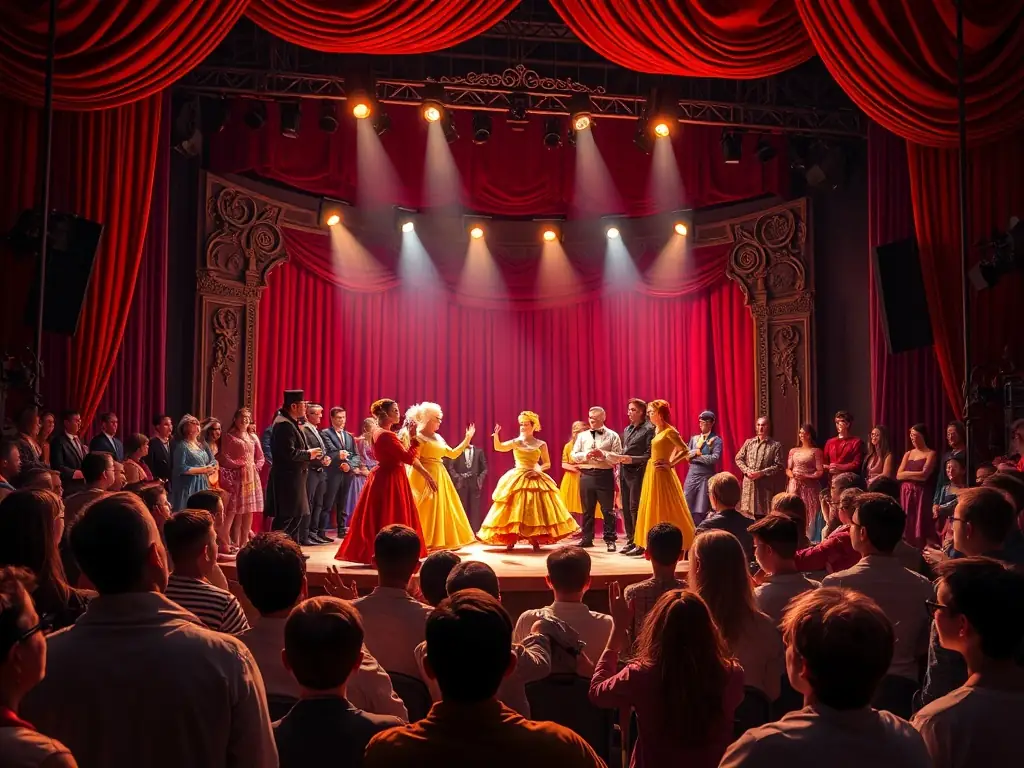 A dynamic image of a live theater performance organized by ASSOC LES SOUFFLEURS DE REVES, showcasing actors on stage with expressive costumes and lighting, capturing the essence of the performance.