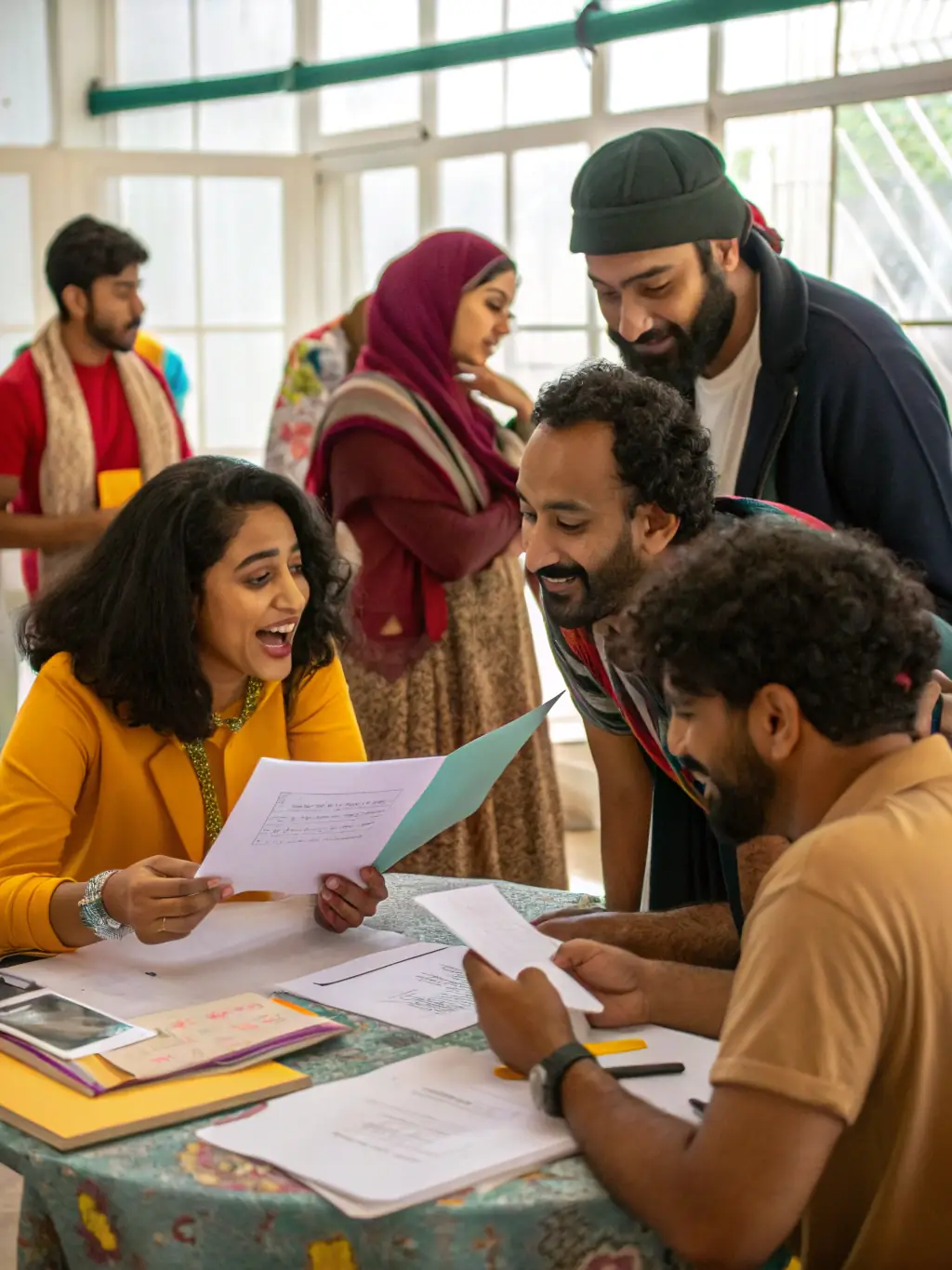 A vibrant photograph capturing a diverse group of participants engaged in a theater workshop, showcasing collaborative and expressive activities.