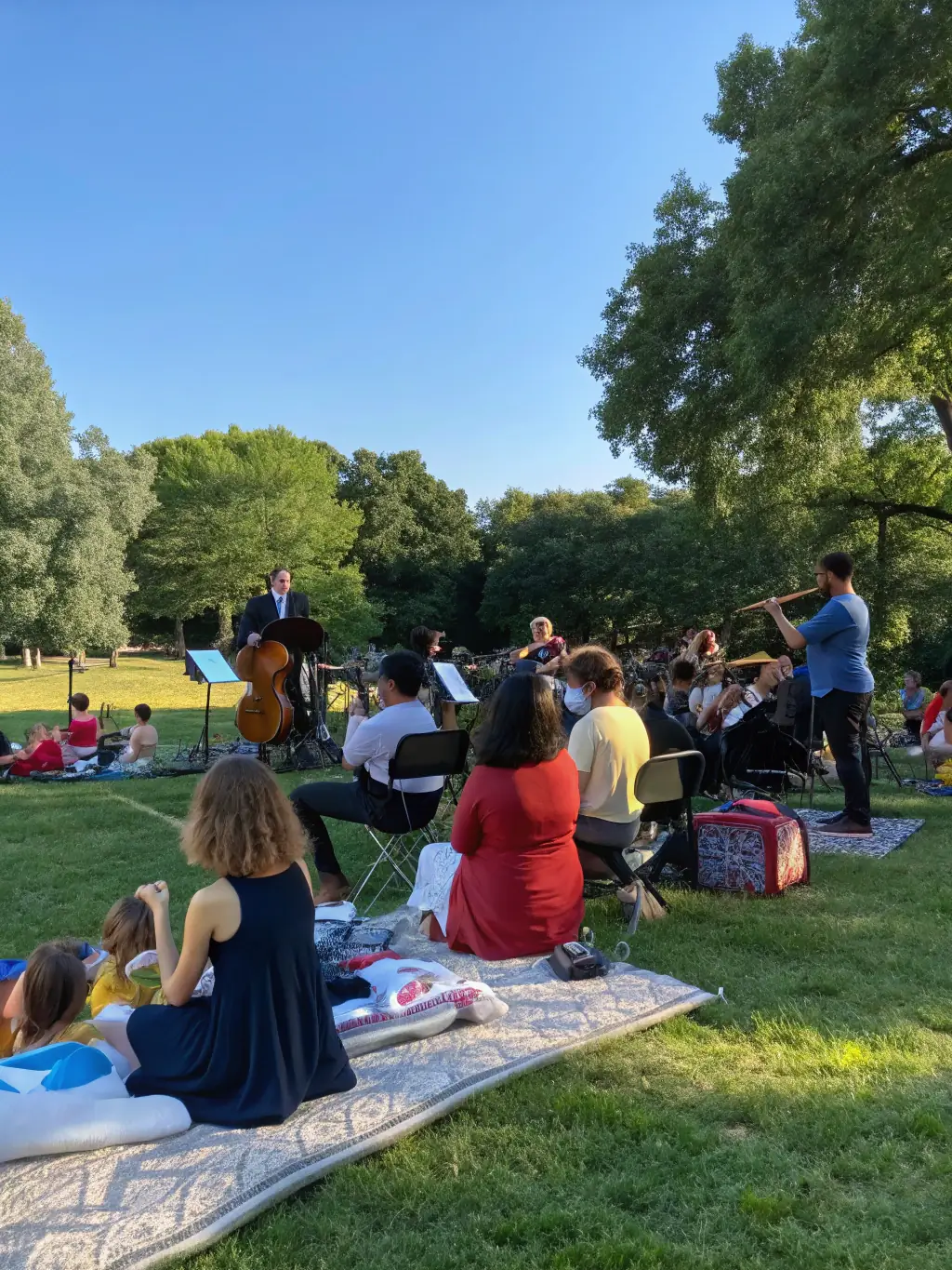 A lively scene from a community music concert organized by the association, showing musicians playing various instruments on an outdoor stage, with families and individuals enjoying the music in a park setting.
