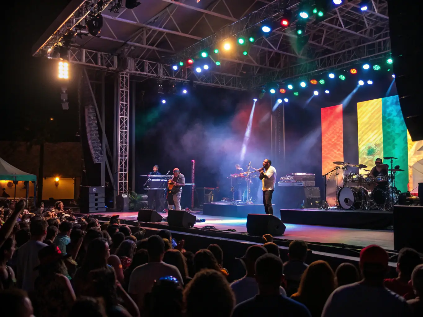 A photograph of a music concert organized by ASSOC LES SOUFFLEURS DE REVES, featuring musicians performing on stage with a lively audience enjoying the music, highlighting the vibrant atmosphere of the event.