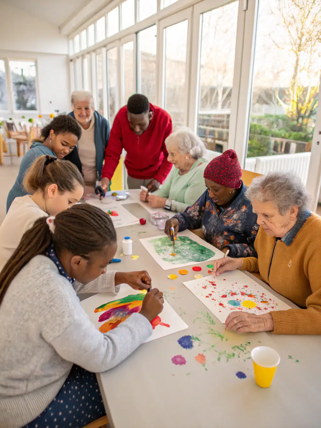 A photograph capturing participants creating art during a multidisciplinary arts workshop, with a focus on hands-on activities, creative expression, and collaborative art-making.