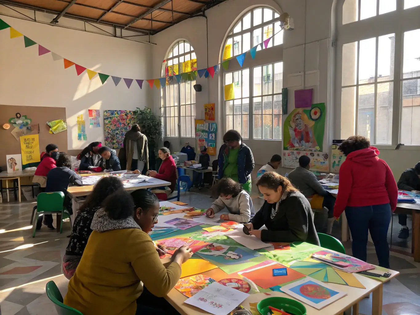 A photograph capturing a community workshop in progress, with participants of diverse ages and backgrounds actively engaged in an art project, reflecting the inclusive nature of ASSOC LES SOUFFLEURS DE REVES's programs.